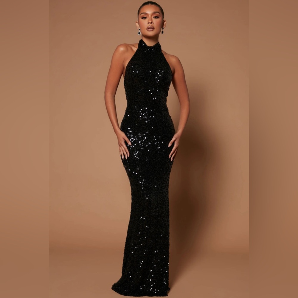 FASHIONNOVA, Black Sequin Maxi Dress, Size Medium.